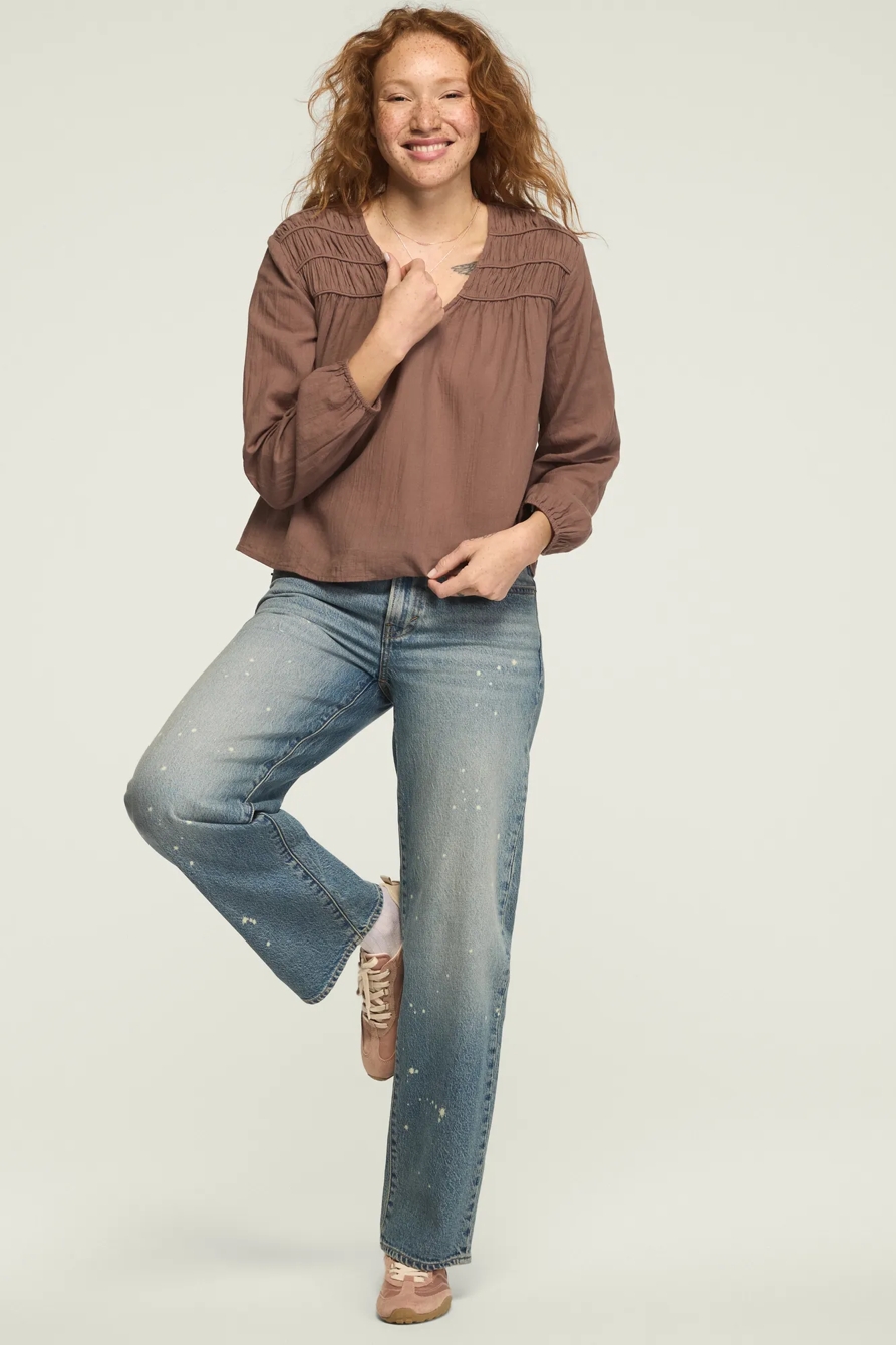 LONG SLEEVE RUCHED PEASANT TOP — DEEP TAUPE — image 5