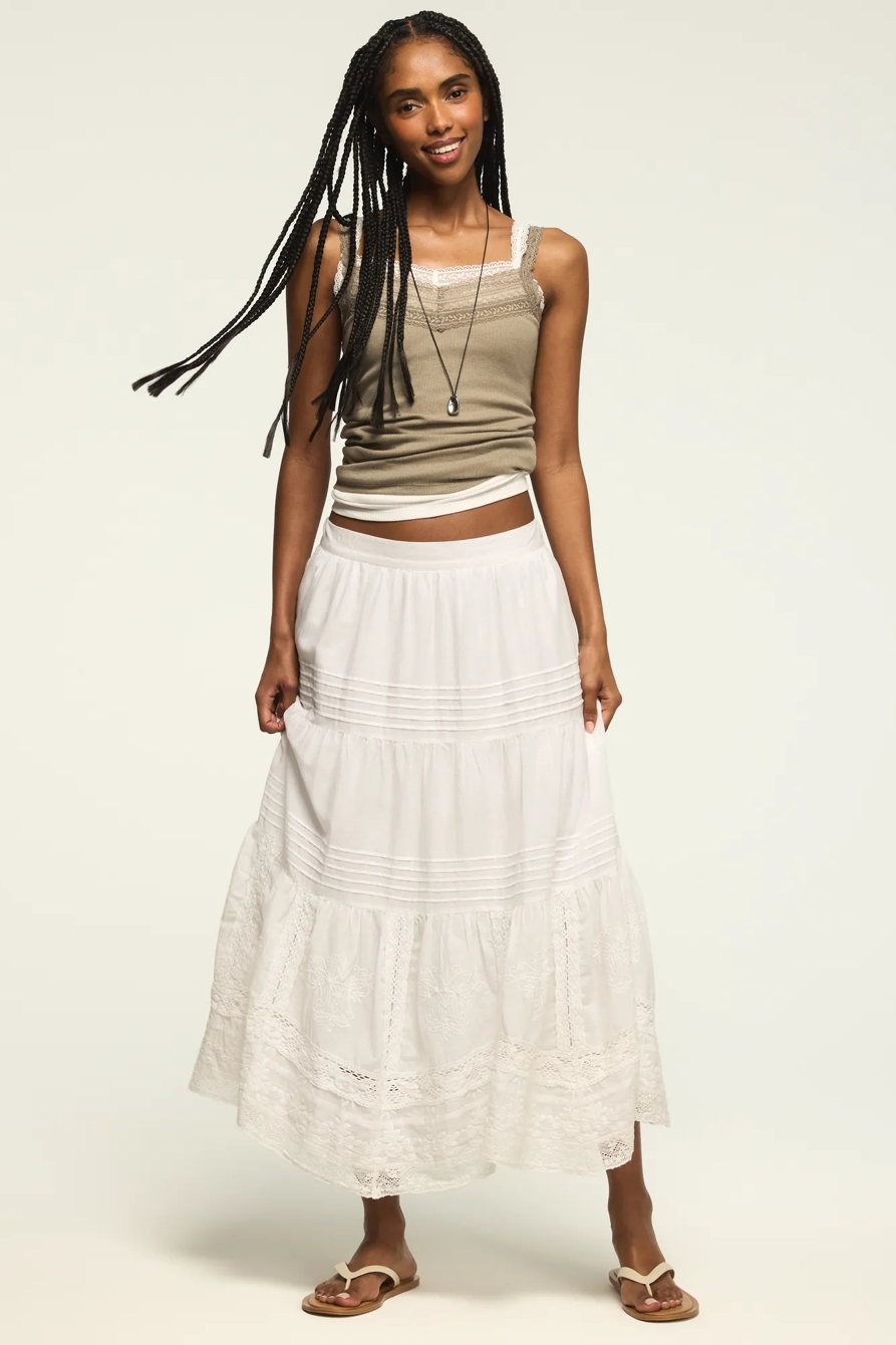 FESTIVAL LACE TRIM MIX MIDI SKIRT — WHISPER WHITE — image 1