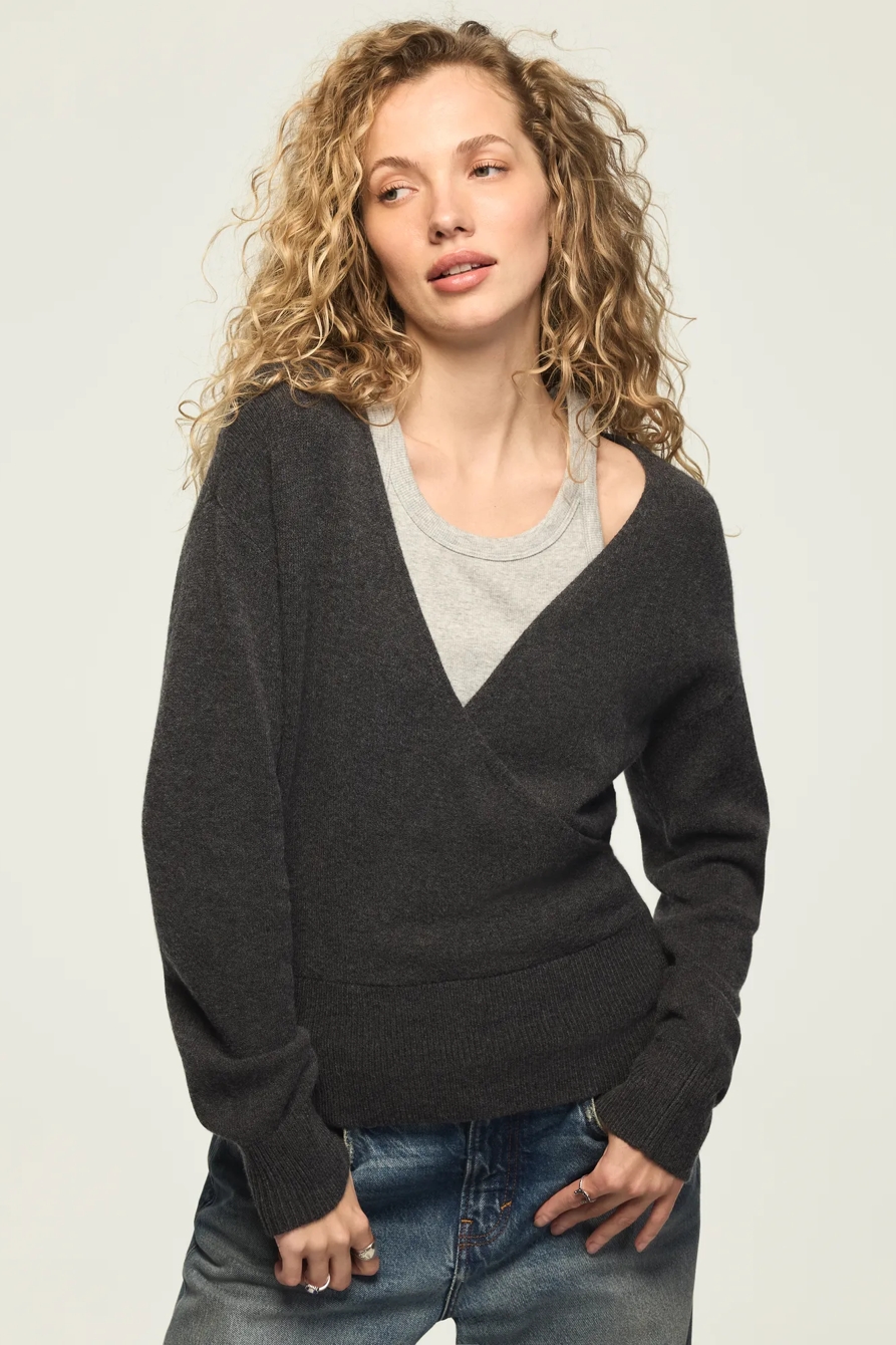 CLOUD SOFT SURPLICE SWEATER — CHARCOAL GRAY — image 1