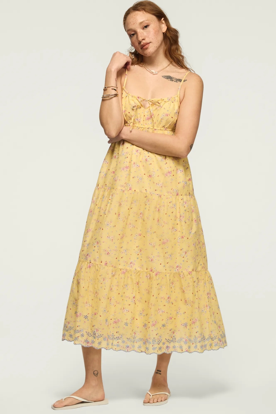 PRINTED EYELET TIERED MIDI DRESS — Yellow Floral — image 1