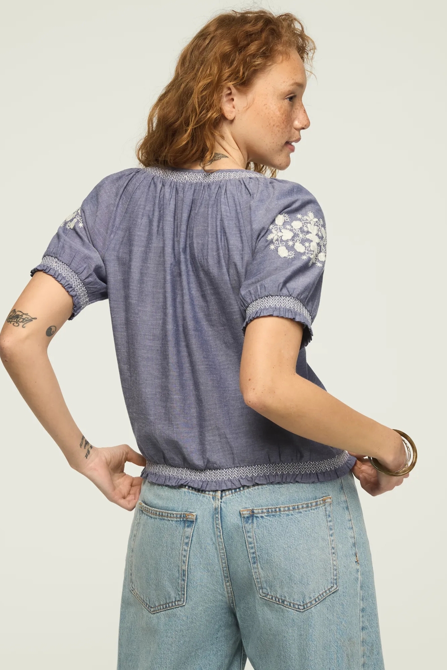 EMBROIDERED SHORT SLEEVE BUBBLE TOP — NAVY — image 3