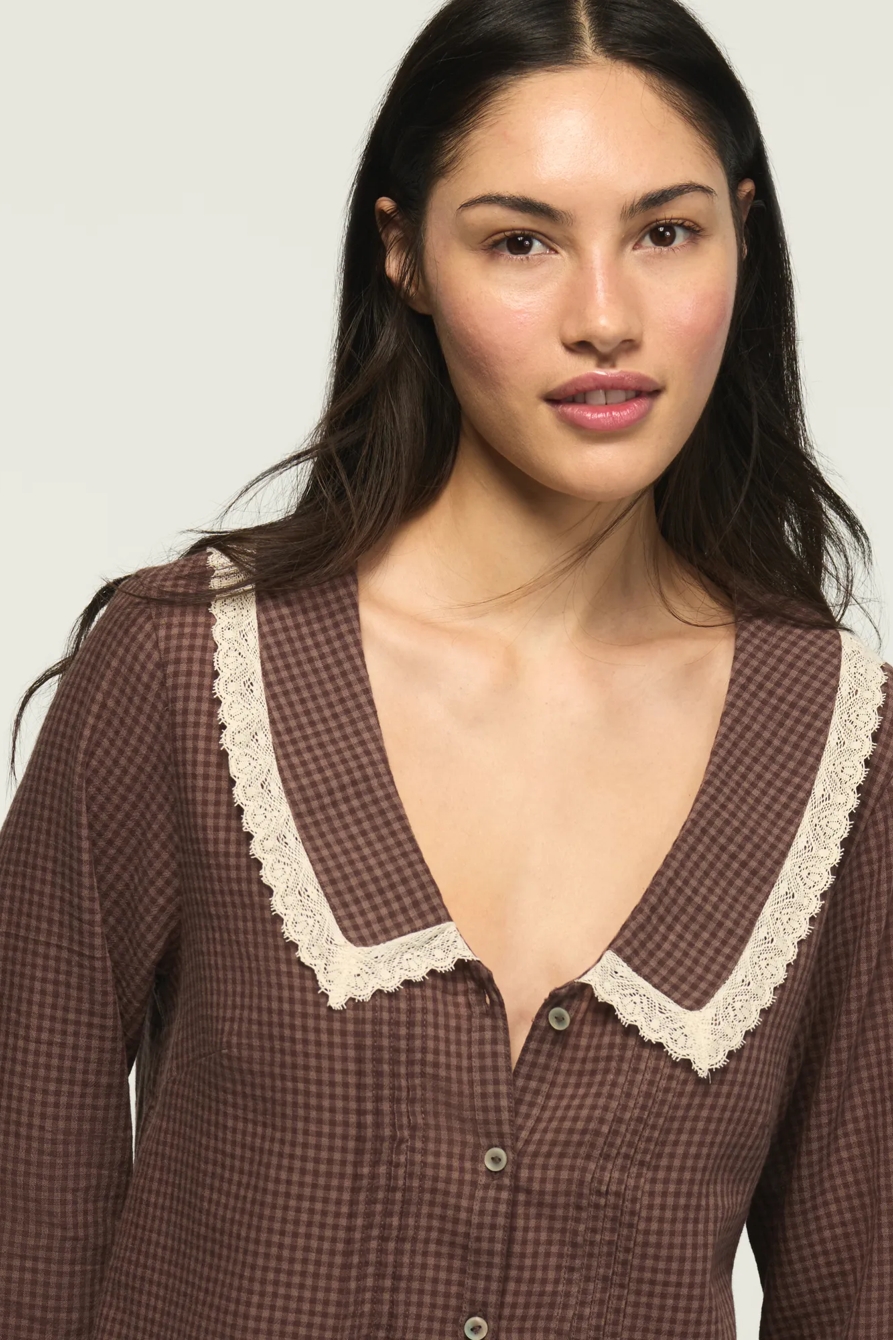 LONG SLEEVE PETER PAN COLLAR TOP — BROWN GINGHAM — image 5