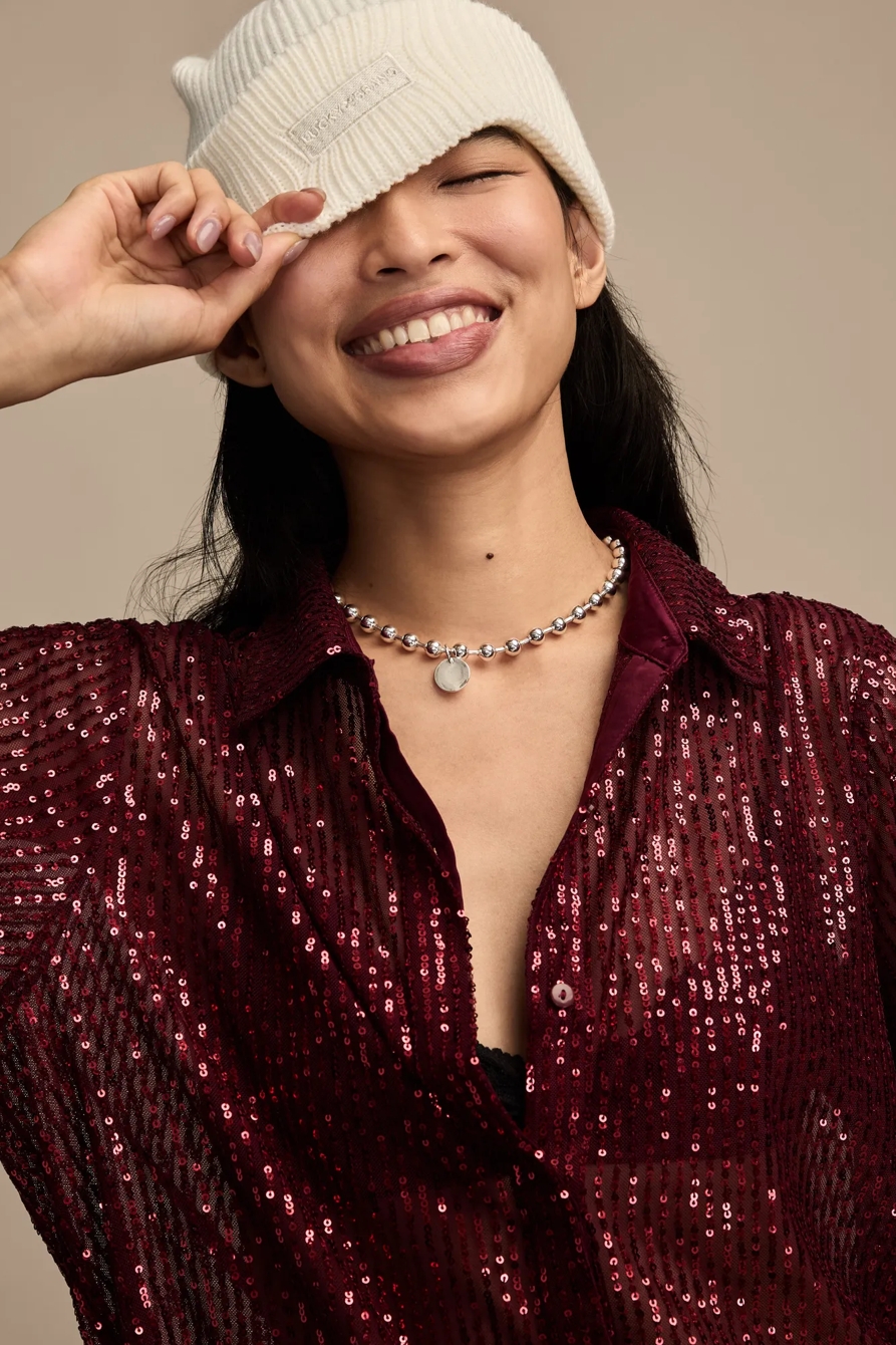SEQUIN BUTTONDOWN SHIRT — RED WINE — image 5