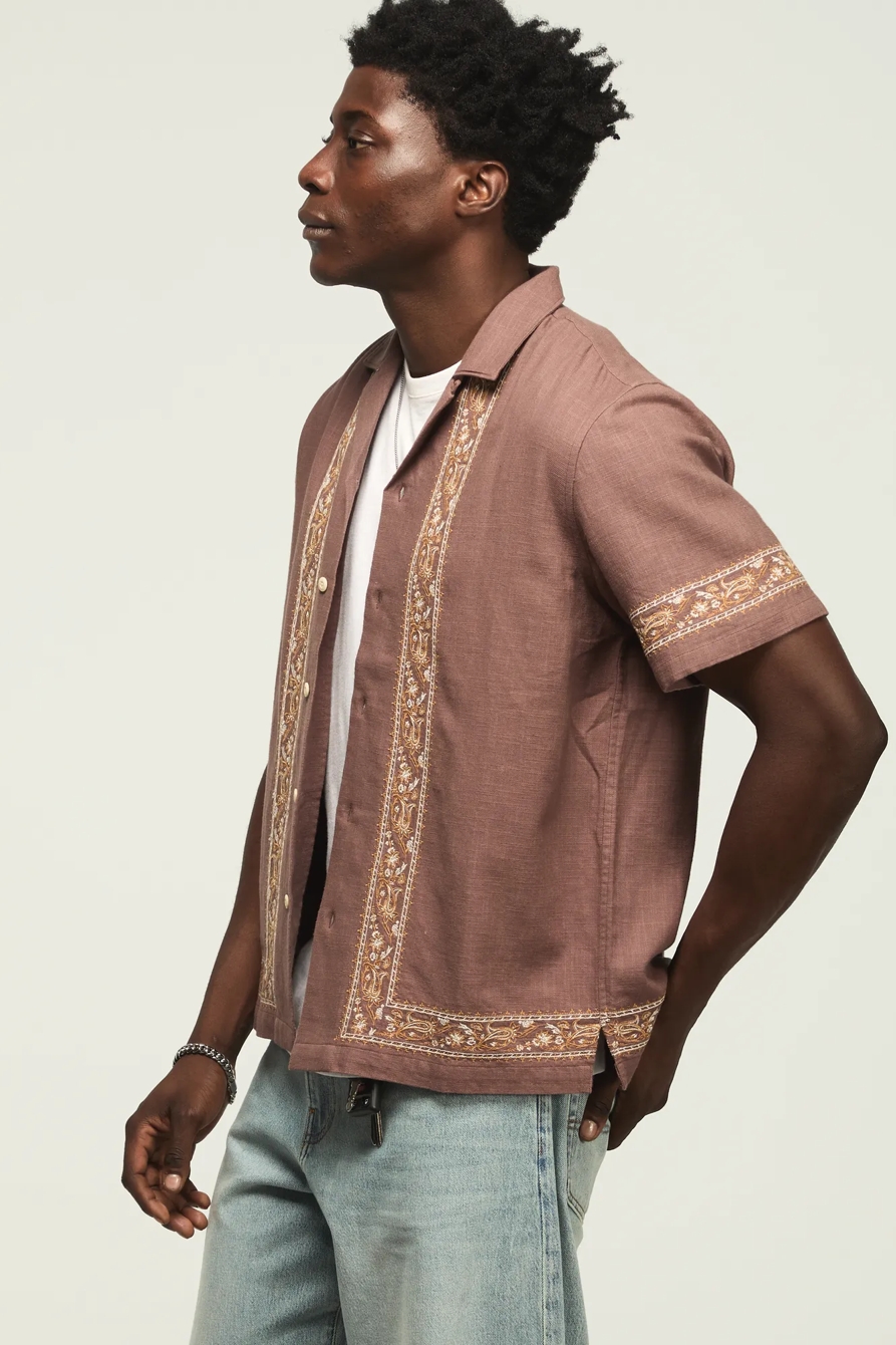 EMBROIDERED CAMP COLLAR SHIRT — BROWN MULTI — image 4