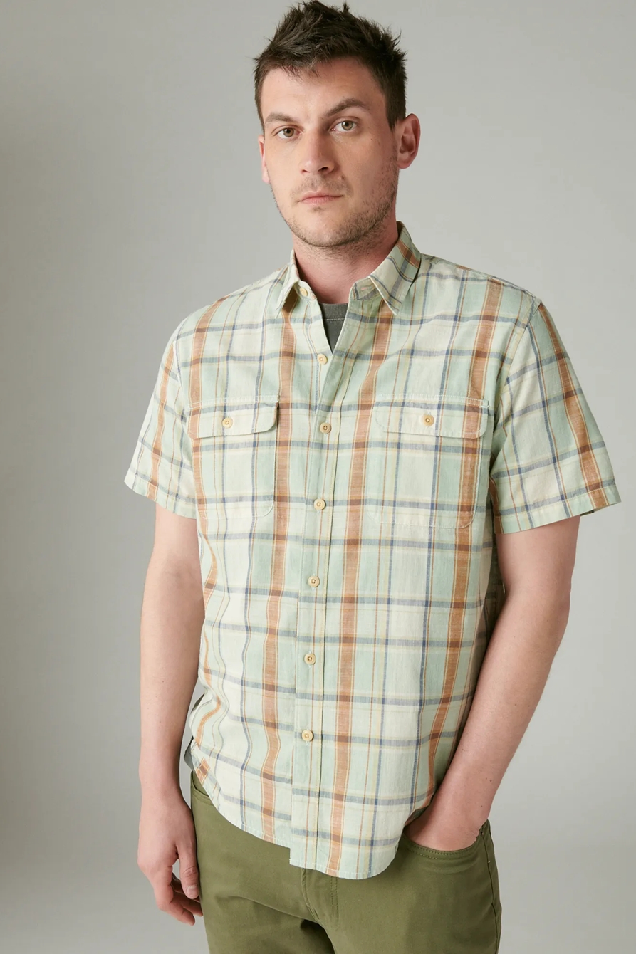 PLAID SHORT SLEEVE UTILITY SHIRT — GREEN STRIPE — image 1