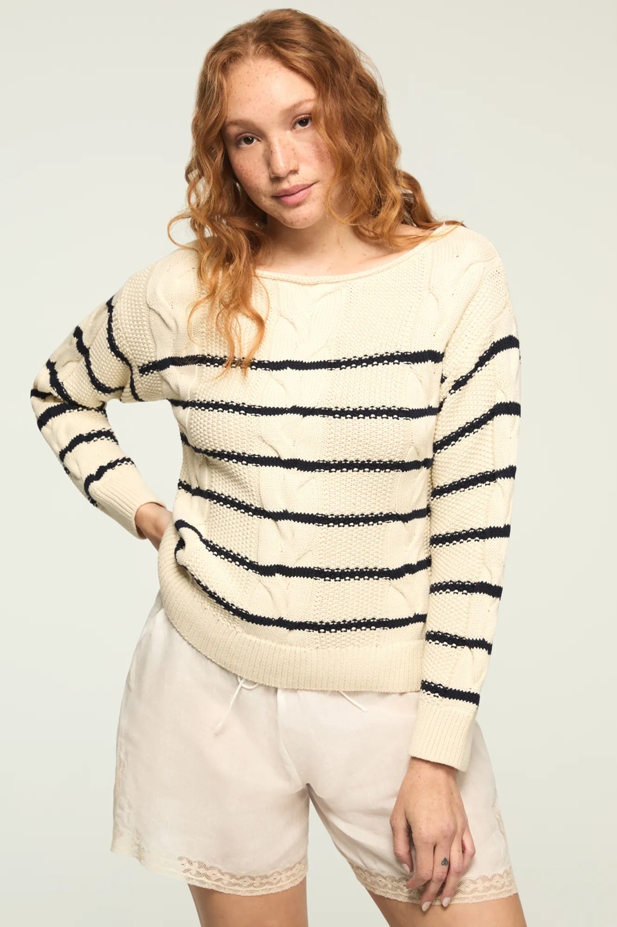 STRIPED CABLE CREW NECK SWEATER — TOFU — image 5