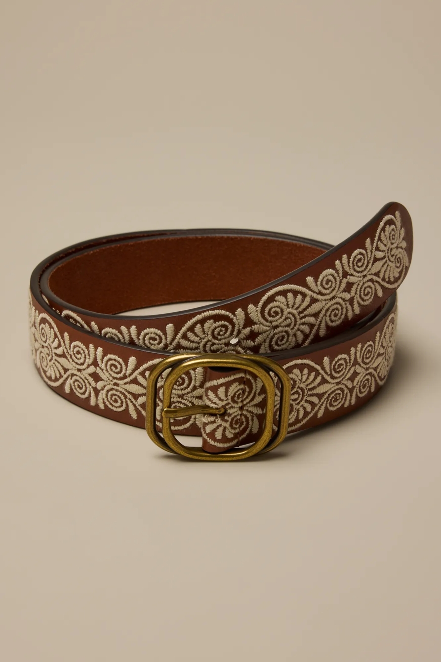 DOUBLE BUCKLE EMBROIDERED BELT — BROWN — image 1