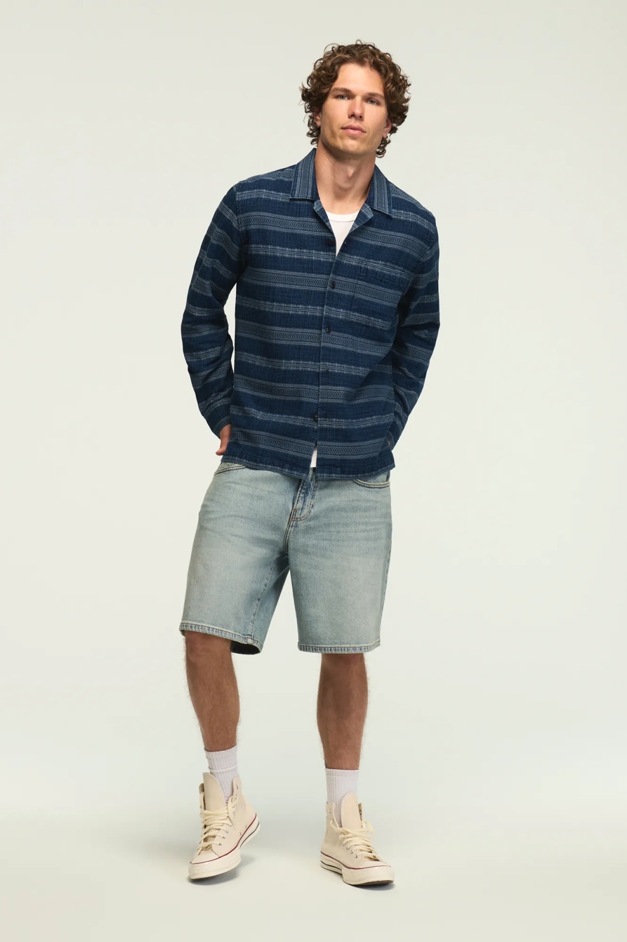 LONG SLEEVE INDIGO JACQUARD CAMP COLLAR SHIRT — INDIGO — image 2