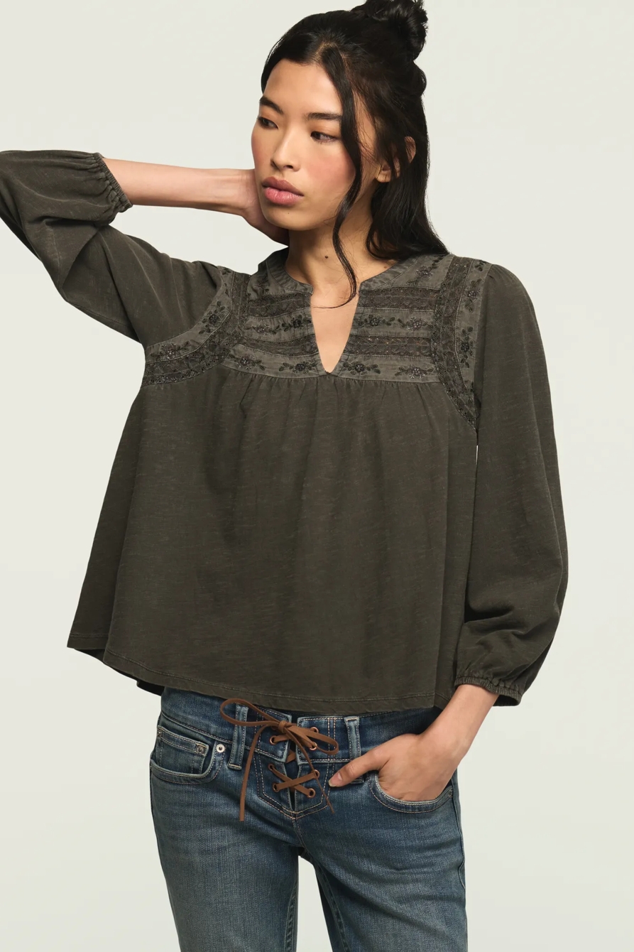 TRIM MIX KNIT PEASANT TOP — GRAY — image 1
