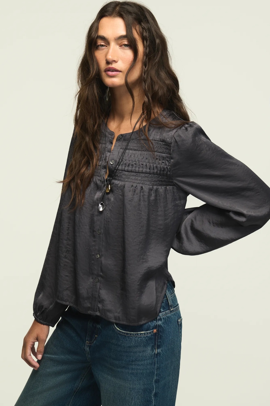 LONG SLEEVE SATIN PINTUCK BLOUSE — NAVY — image 4