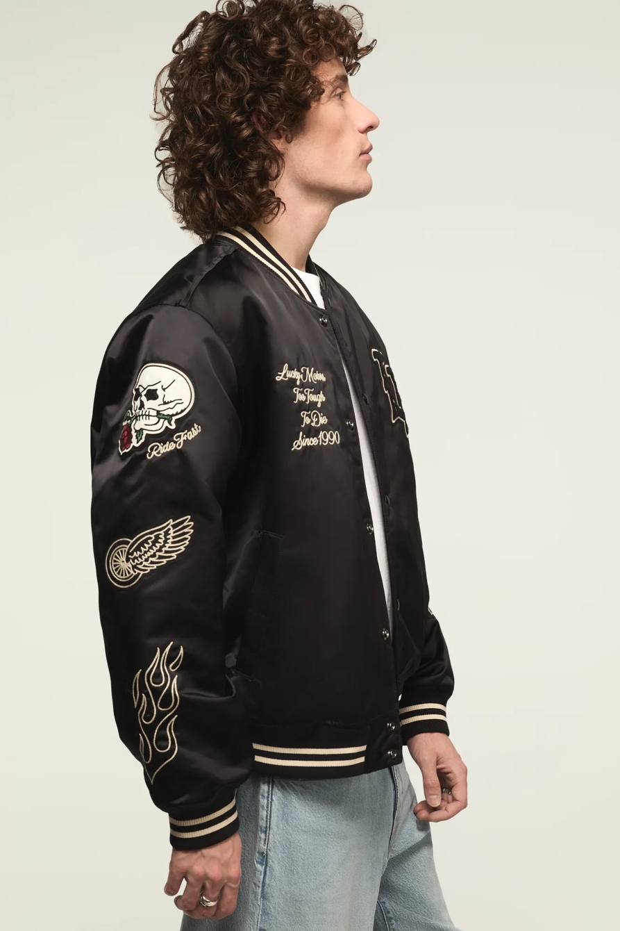LUCKY SATIN VARSITY JACKET — JET BLACK — image 4