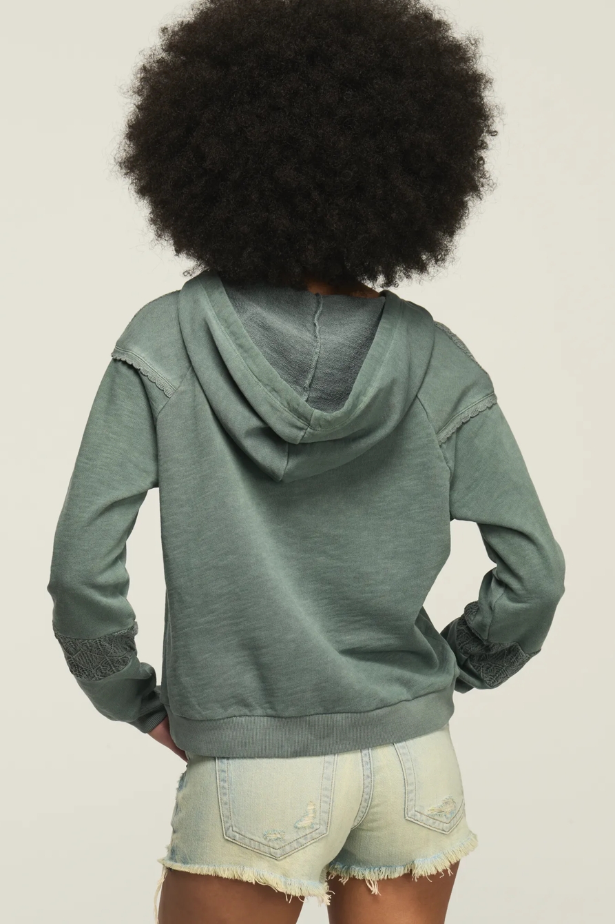 CROCHET YOKE FLEECE HOODIE — BALSAM GREEN — image 3