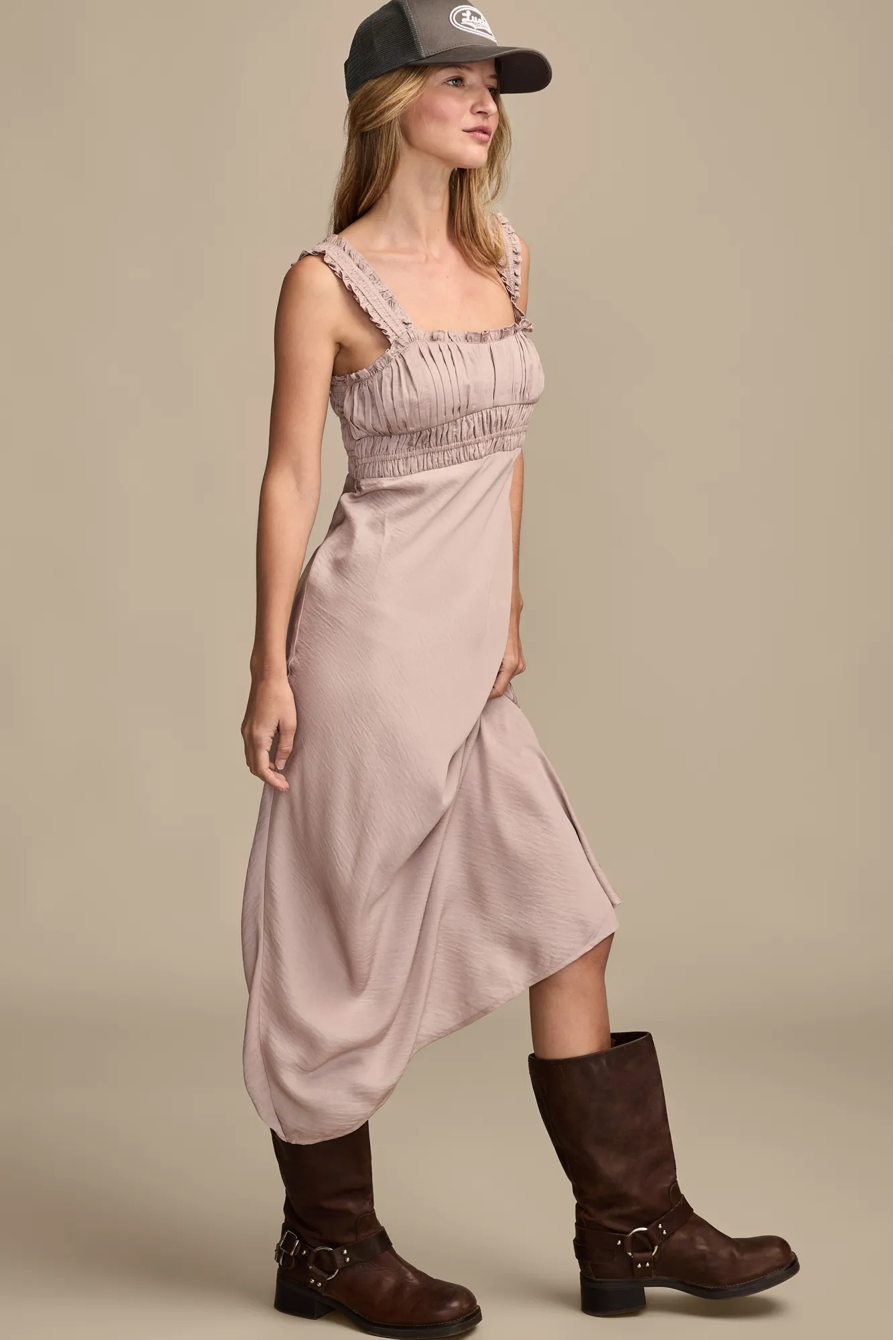 RUCHED BODICE SLIP MIDI DRESS — SPHINX — image 4
