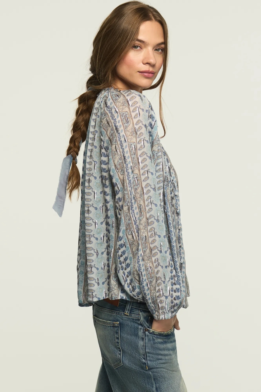 SHINE PRINT MIX BLOUSE — BLUE PAISLEY STRIPE — image 4
