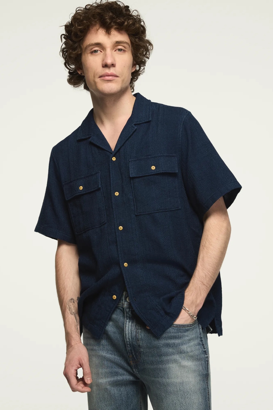 SHORT SLEEVE TEXTURED INDIGO SHIRT — INDIGO STRIPE — image 2