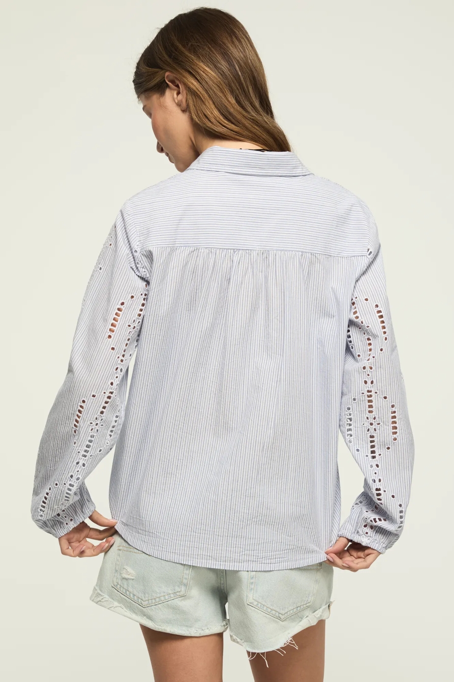 CUTWORK LONG SLEEVE BUTTON DOWN — BLUE STRIPE — image 3