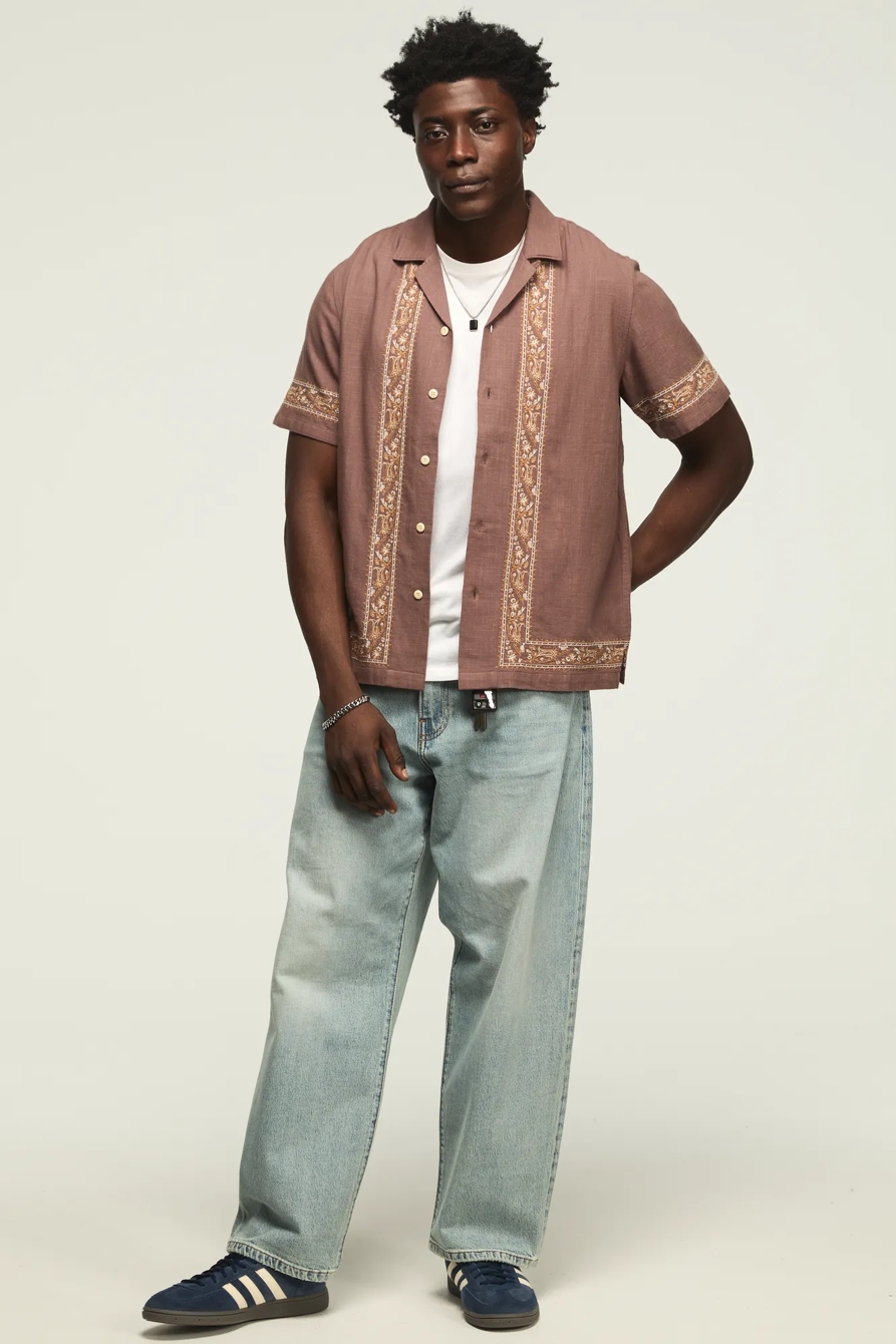 EMBROIDERED CAMP COLLAR SHIRT — BROWN MULTI — image 6