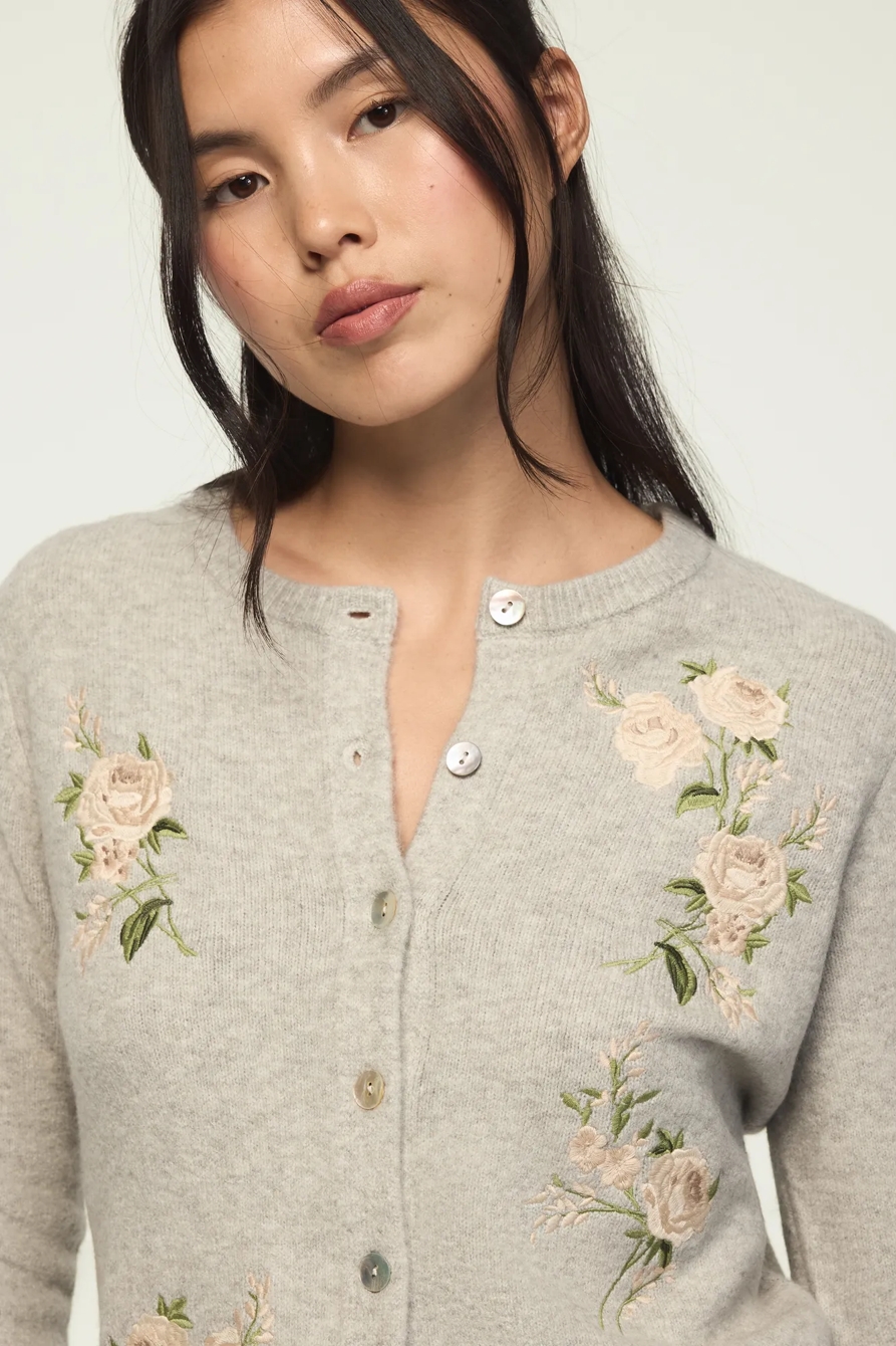 FLORAL EMBROIDERED HEATHERED CARDIGAN — LIGHT HEATHER GRAY — image 5