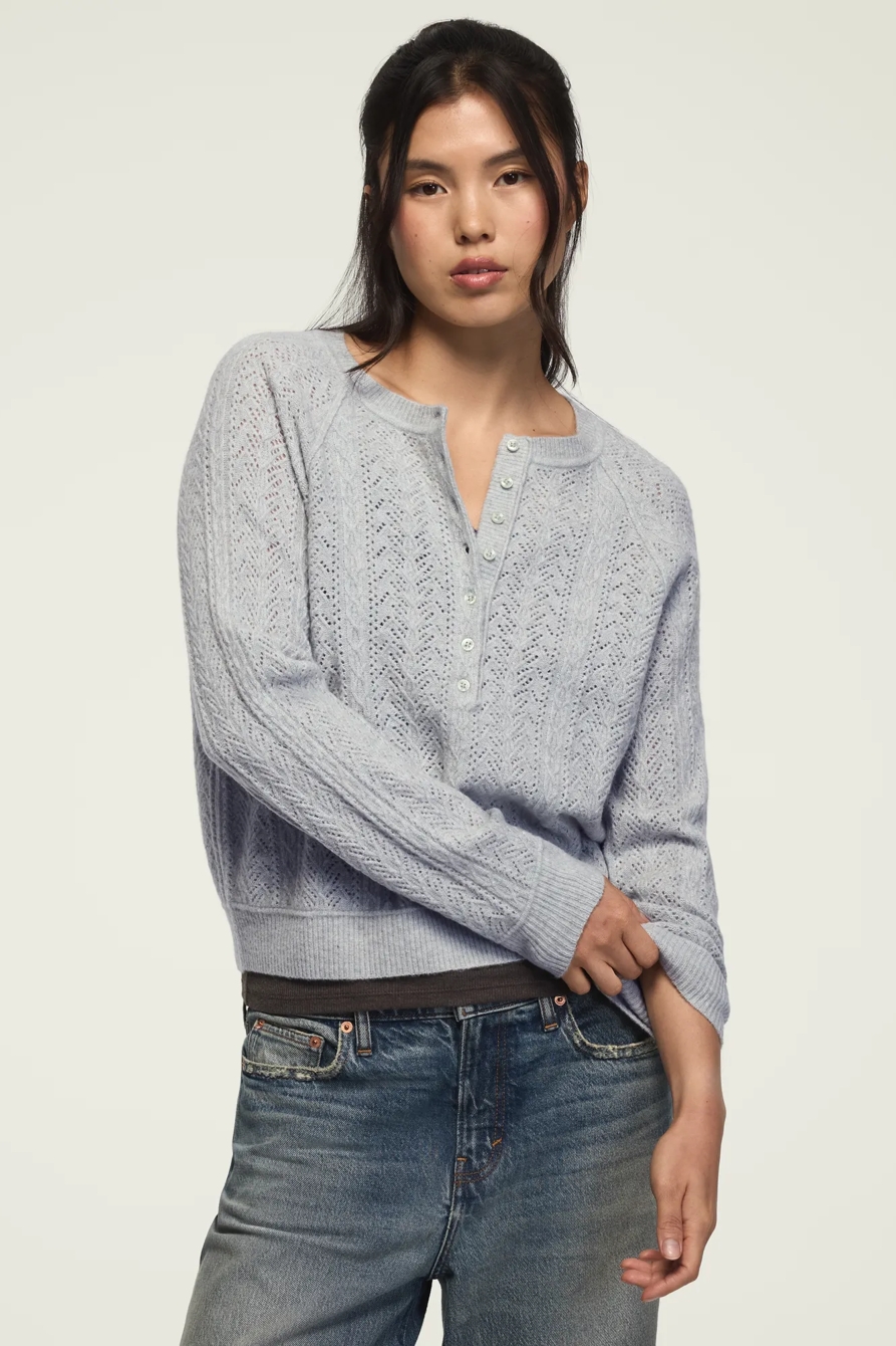 CLOUD SOFT POINTELLE HENLEY SWEATER — BLUE SURF HTR — image 1