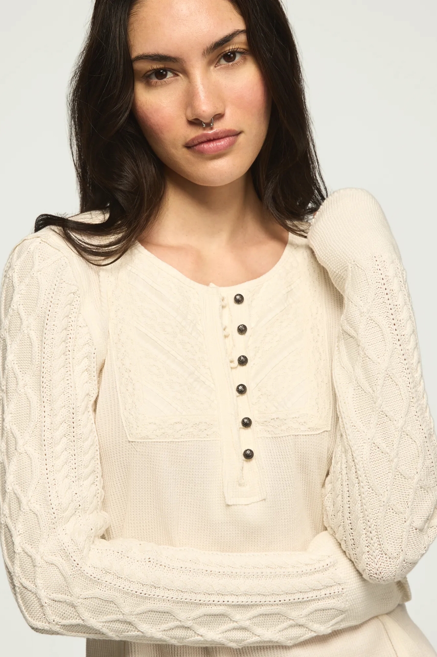 Pintuck Sweater Mix Henley — GARDENIA — image 5