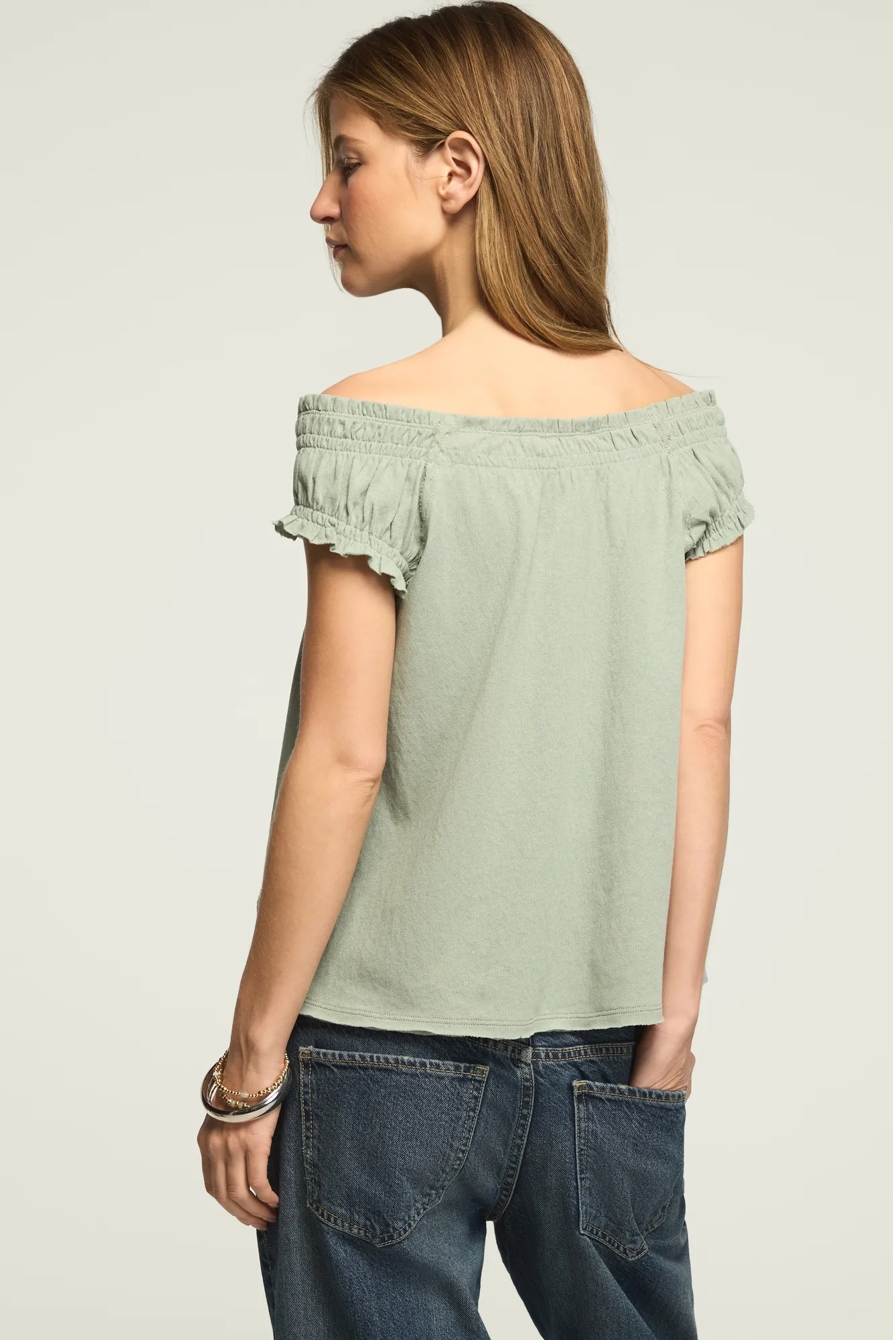 SMOCKED TIE FRONT KNIT TOP — CHINOIS GREEN — image 3