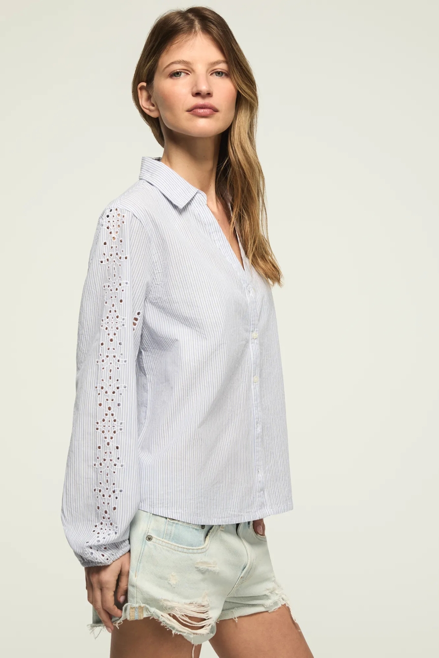 CUTWORK LONG SLEEVE BUTTON DOWN — BLUE STRIPE — image 4