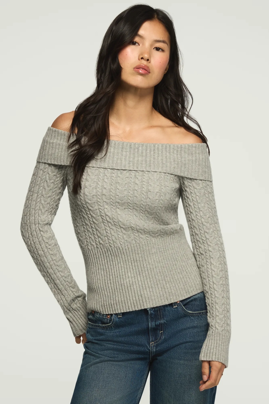 FOLD OVER RIB SWEATER — LIGHT HEATHER GRAY — image 1