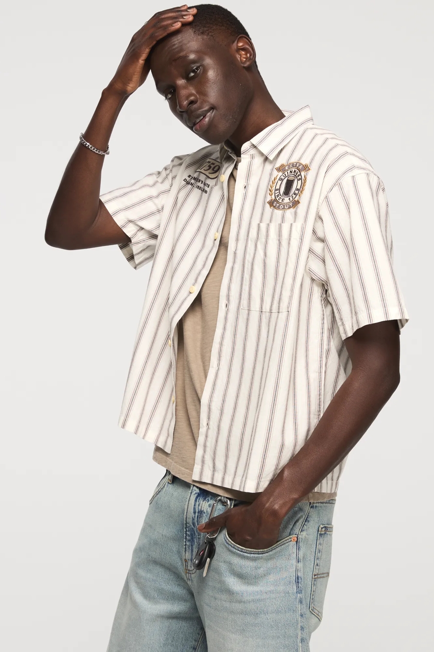 GUINNESS STRIPED SHORT SLEEVE BUTTON DOWN SHIRT — CREAM STRIPE — image 3