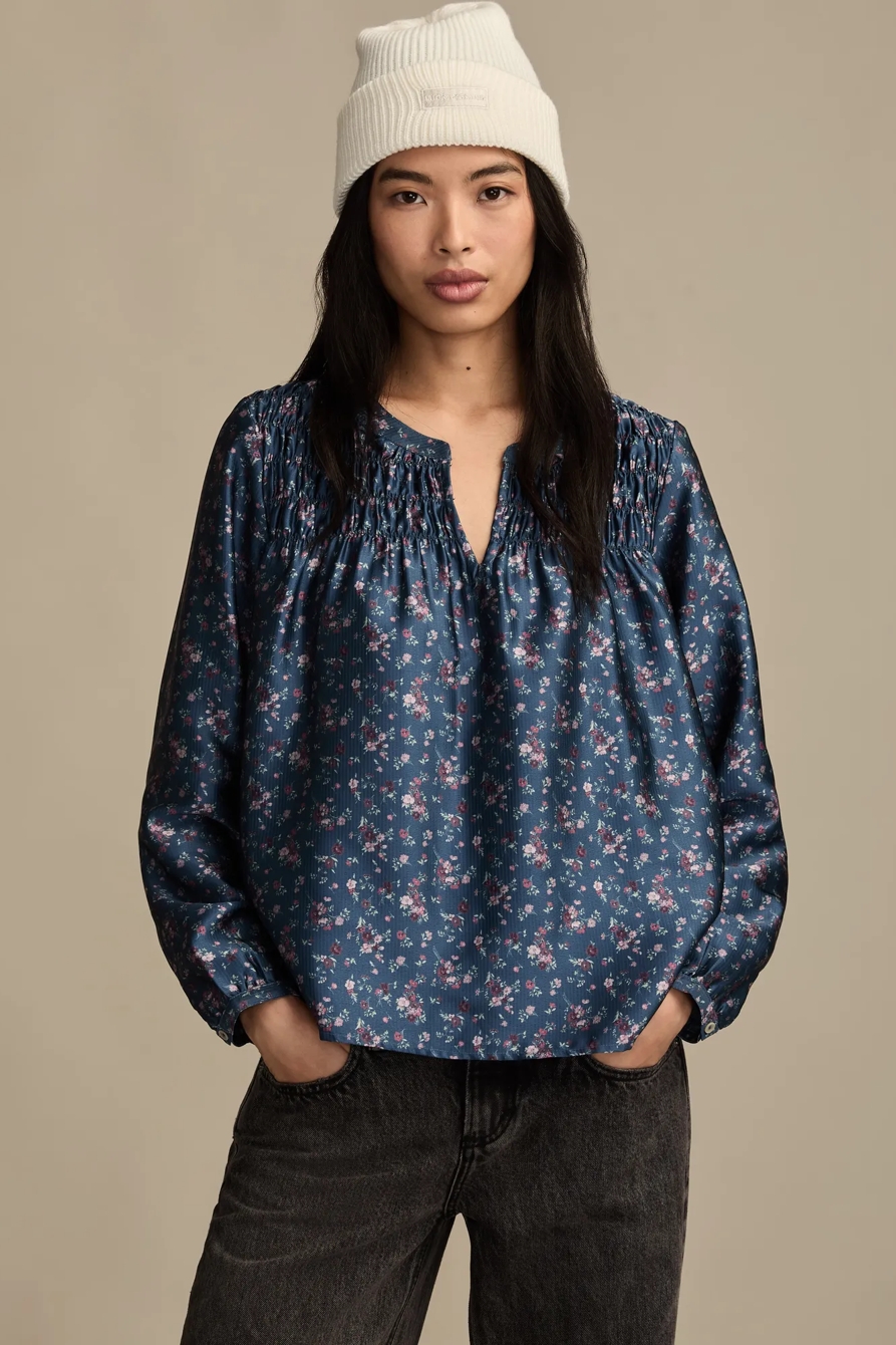 SMOCKED YOKE PEASANT TOP — BLUE FLORAL — image 1