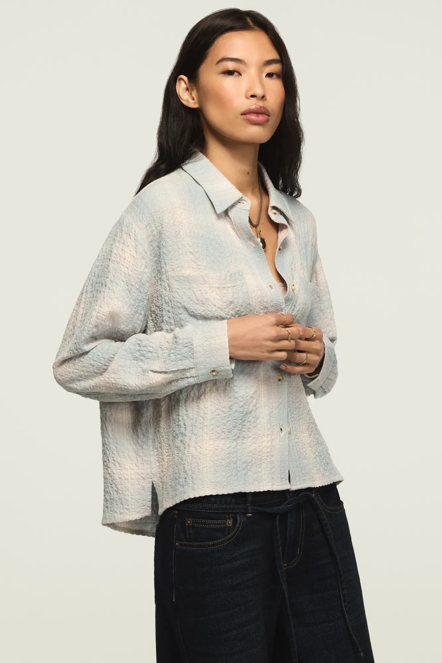 CROPPED PLAID DRAPEY SHIRT — BLUE PLAID — image 4