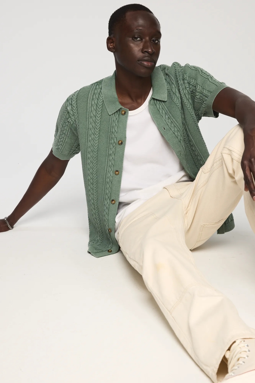 FISHERMAN CABLE BUTTON DOWN SWEATER — FROSTY SPRUCE — image 5