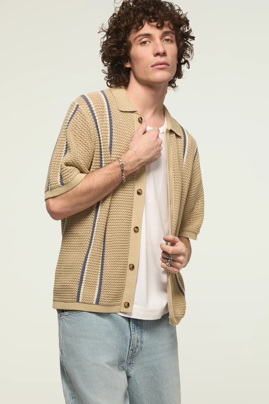 STRIPE BUTTON FRONT SWEATER — TIDAL FOAM — image 1