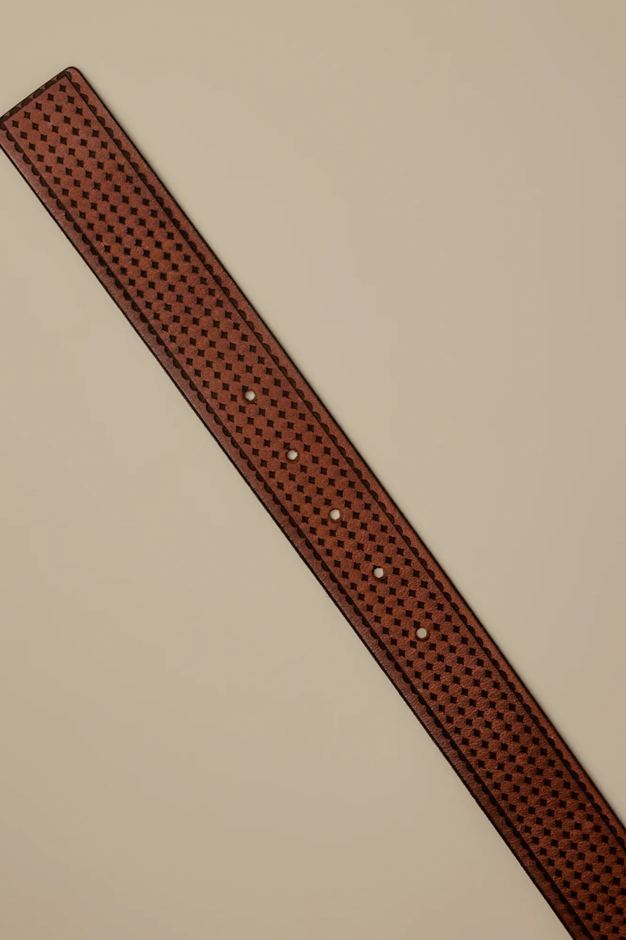 DIAMOND DEBOSSED LEATHER BELT — TAN — image 2