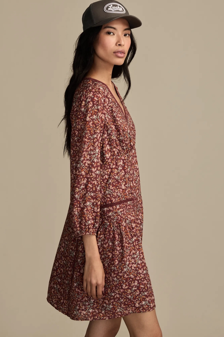 3/4 SLEEVE V-NECK MINI DRESS — BROWN MULTI — image 4