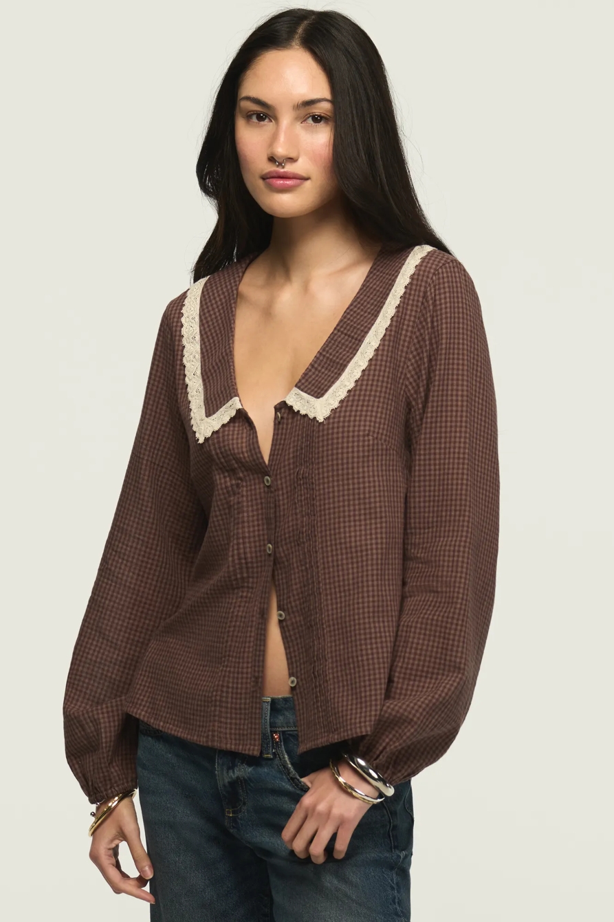 LONG SLEEVE PETER PAN COLLAR TOP — BROWN GINGHAM — image 4