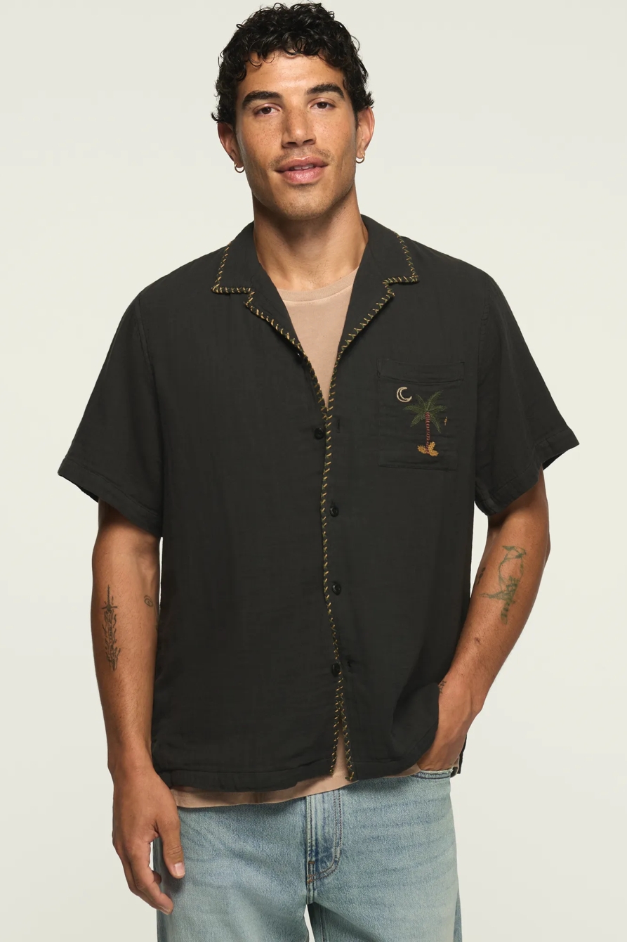 SHORT SLEEVE EMBROIDERED GAUZE CAMP COLLAR SHIRT — PHANTOM — image 1