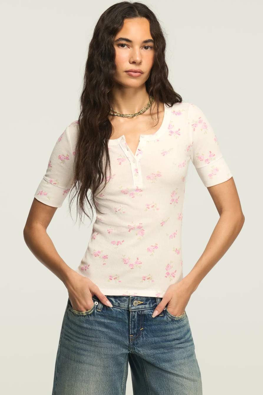 RIBBED HENLEY TEE — Cream Floral — image 1