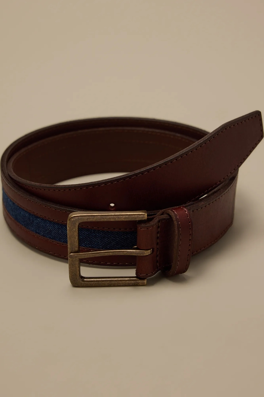 DENIM INLAY LEATHER BELT — DARK BROWN — image 1