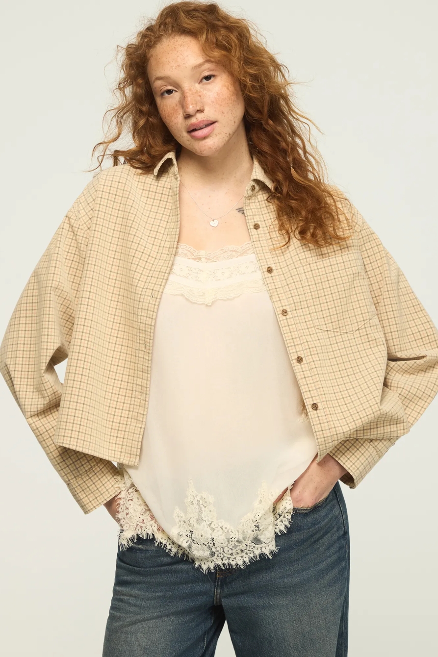 CROPPED CORDUROY SHIRT — OAT TATTERSALL — image 1