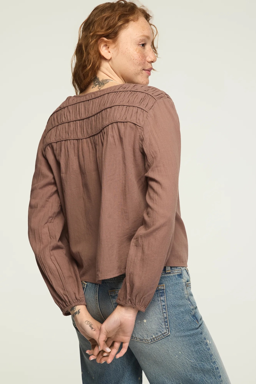 LONG SLEEVE RUCHED PEASANT TOP — DEEP TAUPE — image 2