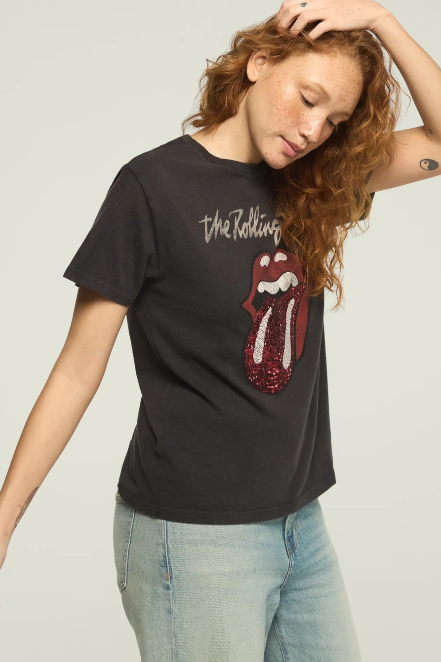 ROLLING STONES SEQUIN TONGUE BOYFRIEND TEE — Pirate Black — image 4