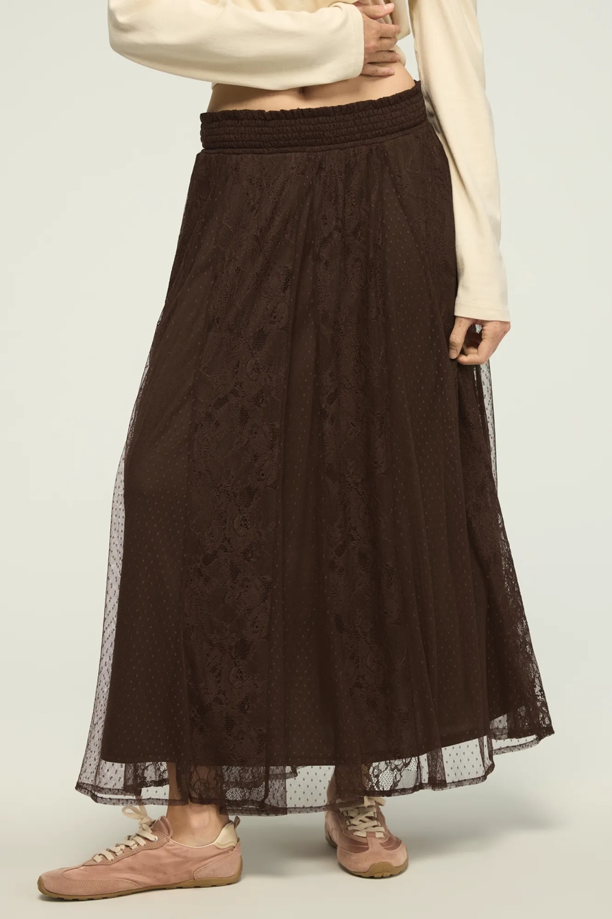 ALLOVER LACE MIDI SKIRT — Chocolate Brown — image 4