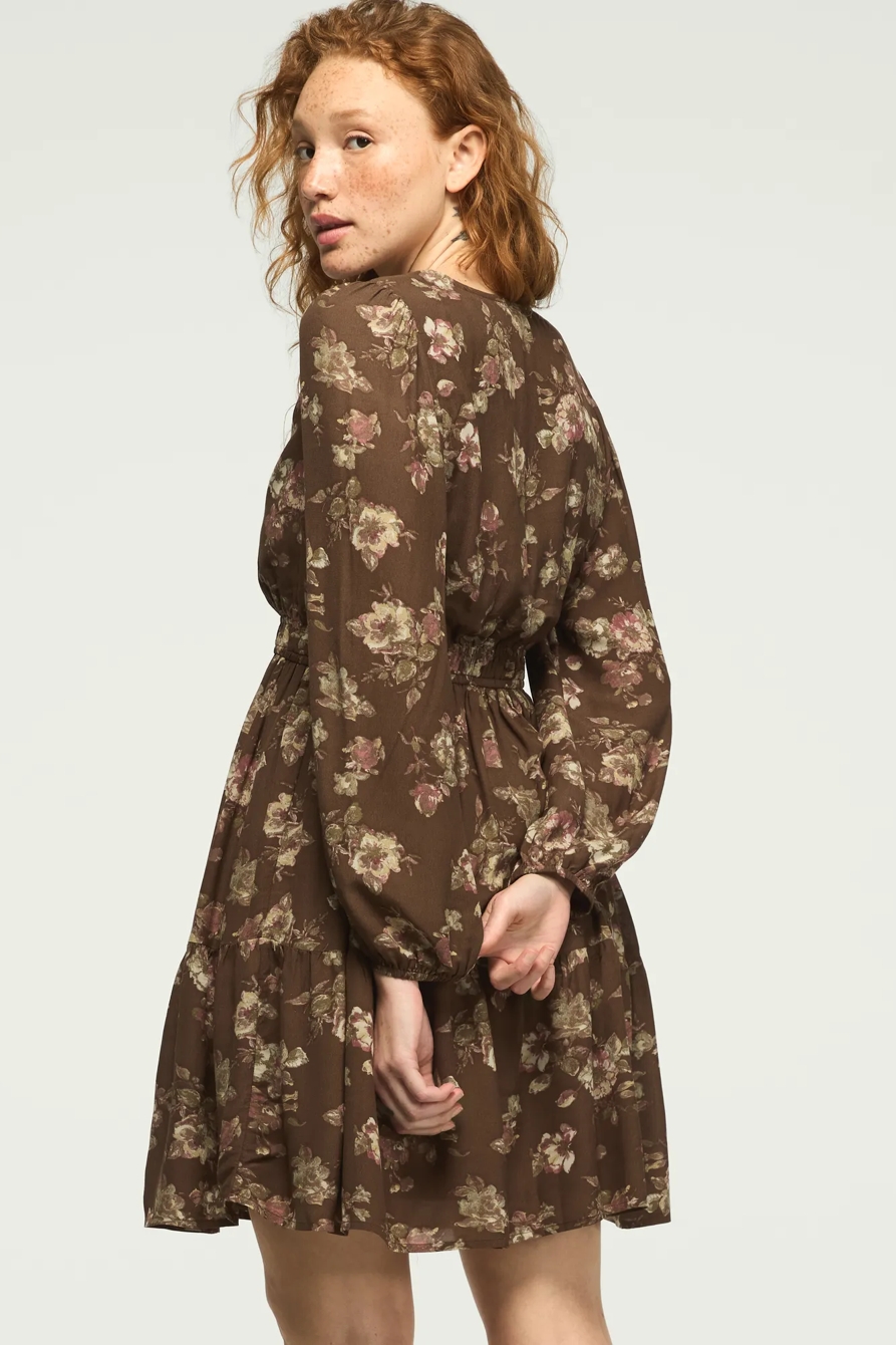 LONG SLEEVE SMOCKED WAIST MINI DRESS — TAUPE FLORAL — image 3