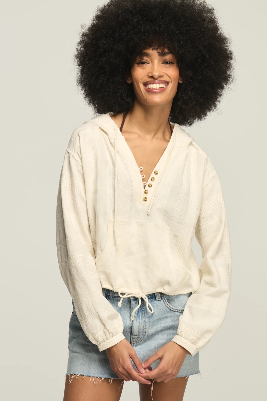 CINCHED WAIST NOVELTY HENLEY HOODIE — TOFU — image 1