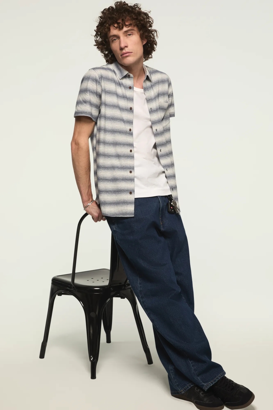 LINEN STRIPED SHORT SLEEVE SHIRT — BLUE MULTI — image 5