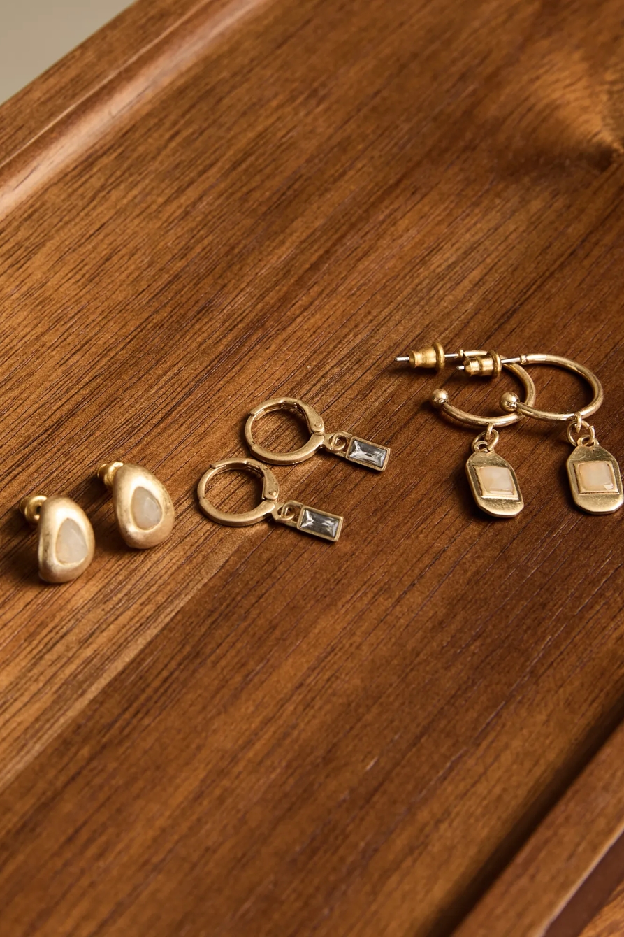 STONE CHARM HOOP AND STUD EARRING SET — GOLD — image 1