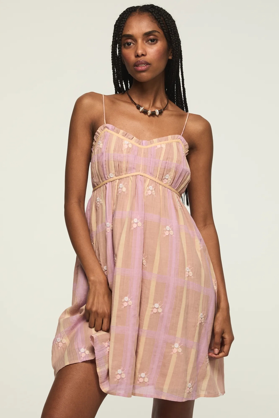 EMBROIDERED PLAID MINI DRESS — MAUVE PLAID — image 2