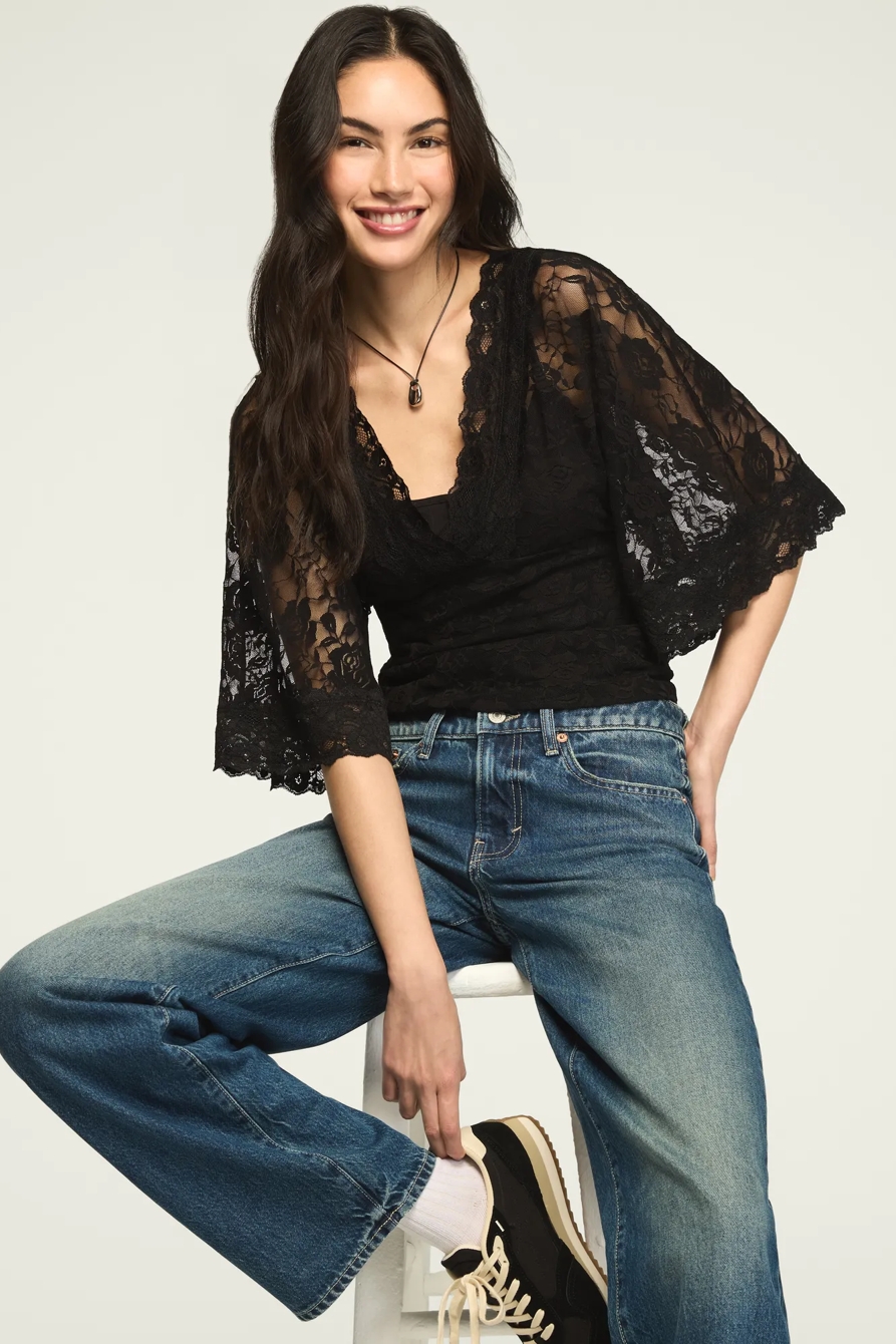 LACE V-NECK  BELL SLEEVE TOP — JET BLACK — image 2