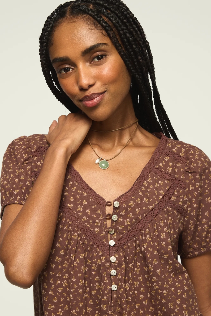 LACE HENLEY PEASANT BLOUSE — Brown Floral — image 2