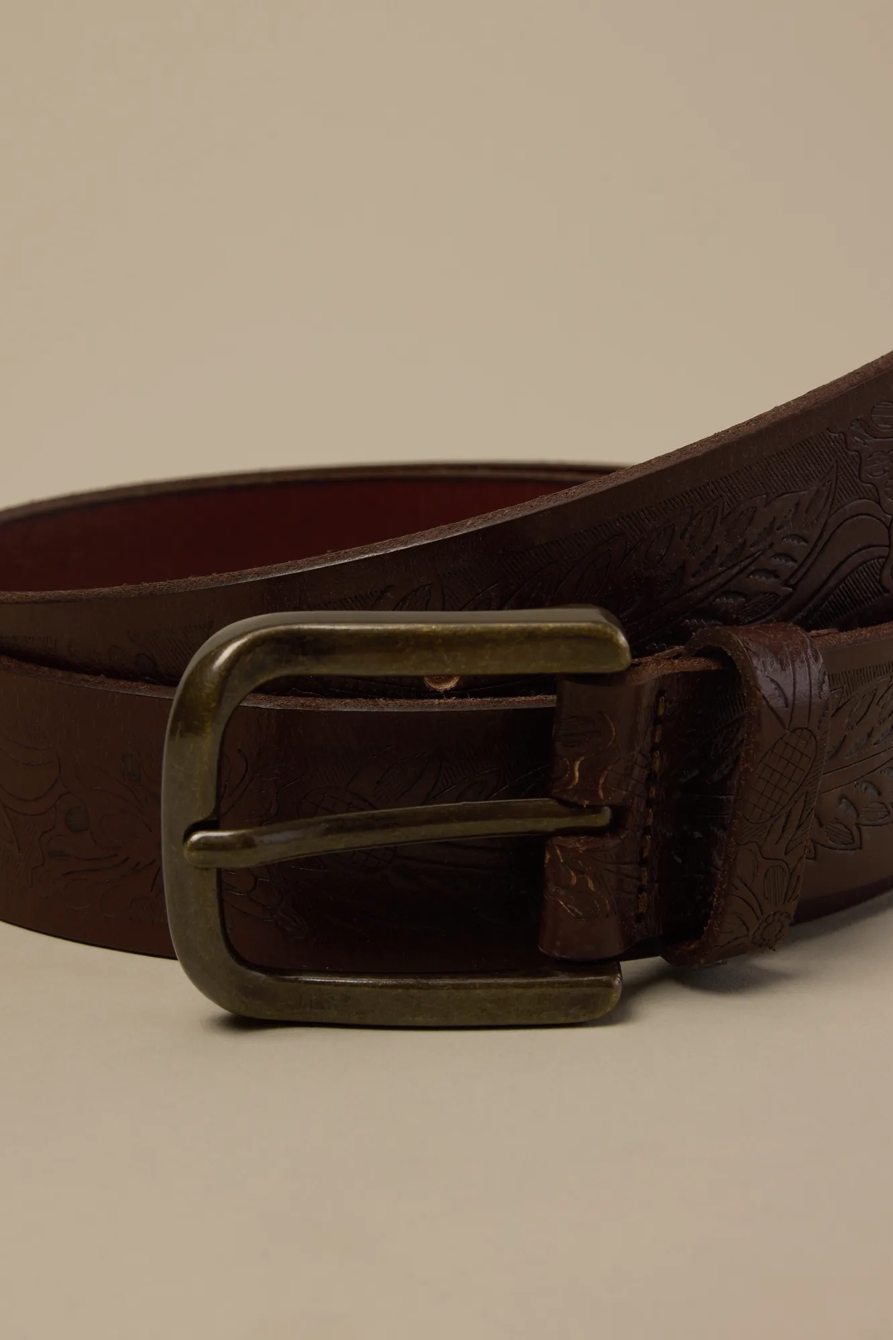 Foliage Embossed Leather Belt — BROWN — image 3